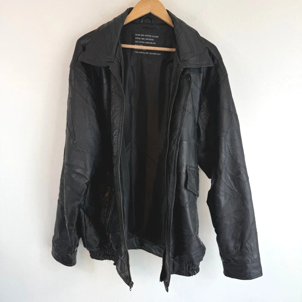 Vintage Genuine Leather Patchwork Bomber Jacket Black Oversized XL 90s Grunge